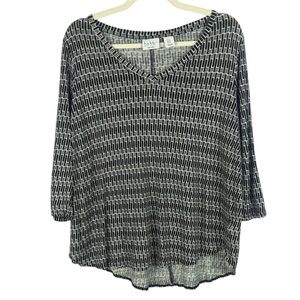 Nicole Miller 100% Linen Casual Black White Geometric Patterned 1X V-Neck Blouse